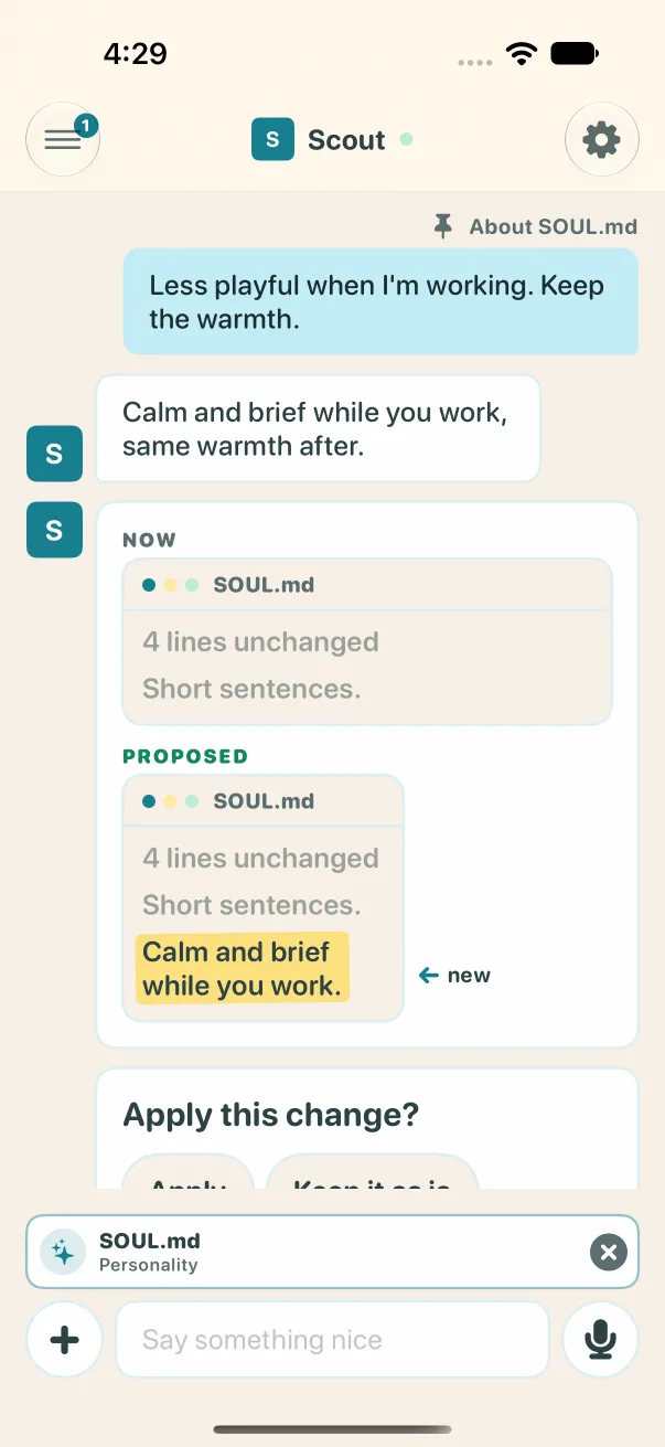 Light mode: the agent's proposal, the current SOUL.md lines and the proposed ones with the new line highlighted, and Apply or Keep it as is