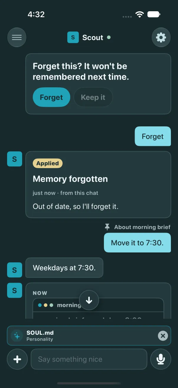 Dark mode: a memory forgotten from the chat with its Applied card, then a message About morning brief asking to move it to 7:30
