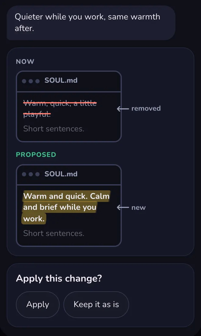 Mock of the agent's proposal: the current line struck out, the proposed line highlighted, and Apply or Keep it as is buttons