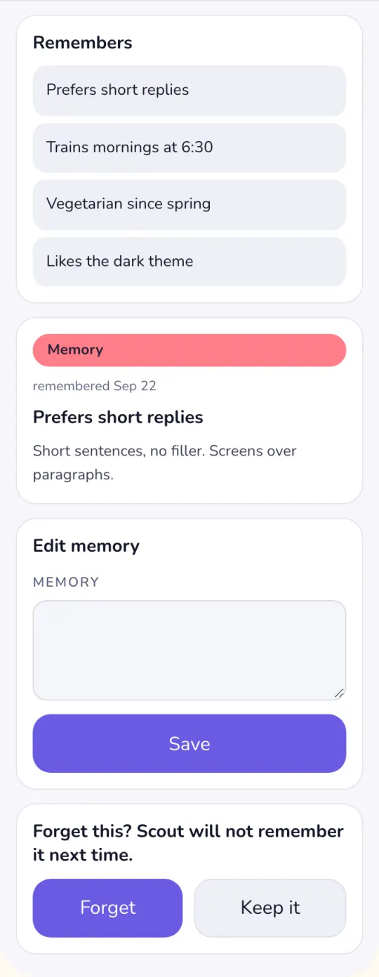 Mock of the Memory screen in light mode: four remembered things, one open with an edit box, and a Forget or Keep it confirm