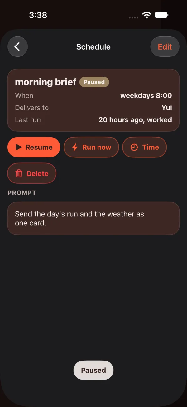 A paused schedule in dark mode with Resume, Run now, Time and Delete