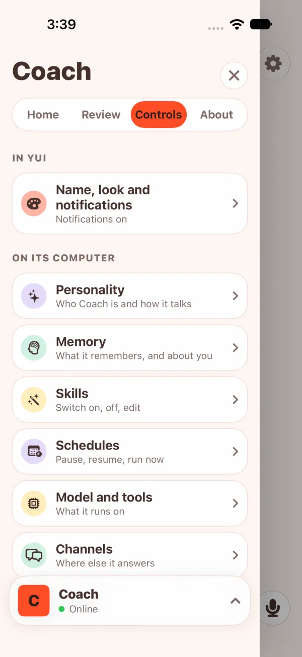 The drawer's Controls tab in light mode: Personality, Memory, Skills, Schedules, Model and tools, Channels