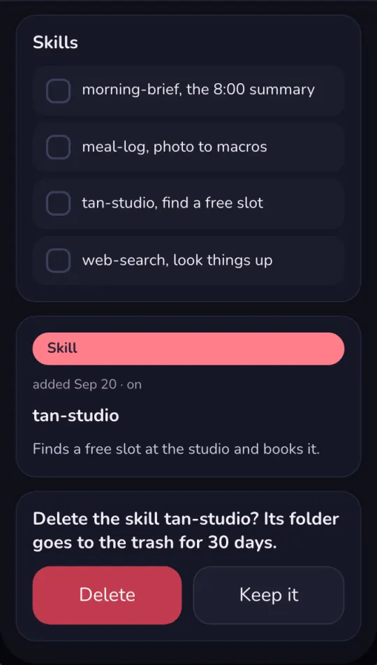 Mock of the Skills screen: four skills with switches, one skill's card, and a confirm asking to delete it with Delete and Keep it buttons