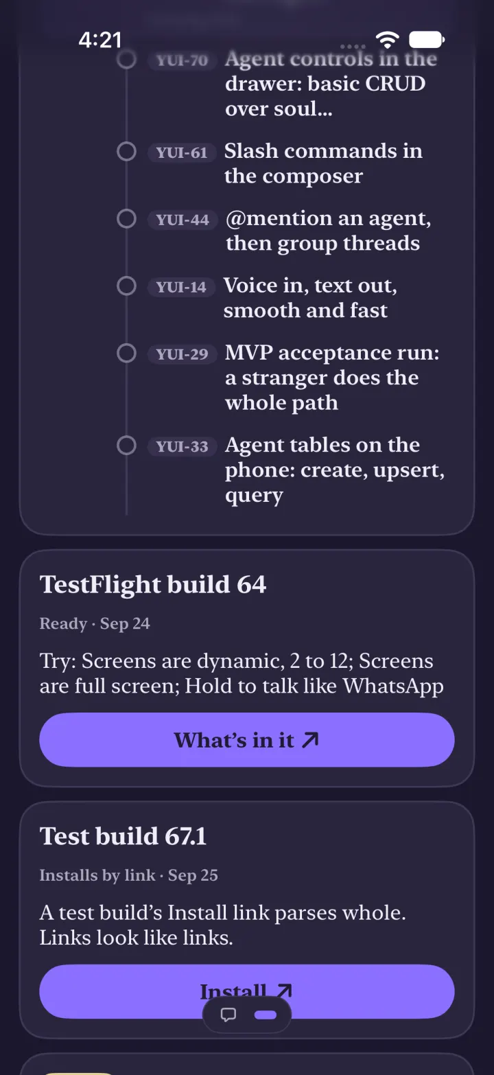 The war room in dark mode: the queued cards on the timeline, then the newest TestFlight build with what to try and the newest test build with an Install button.
