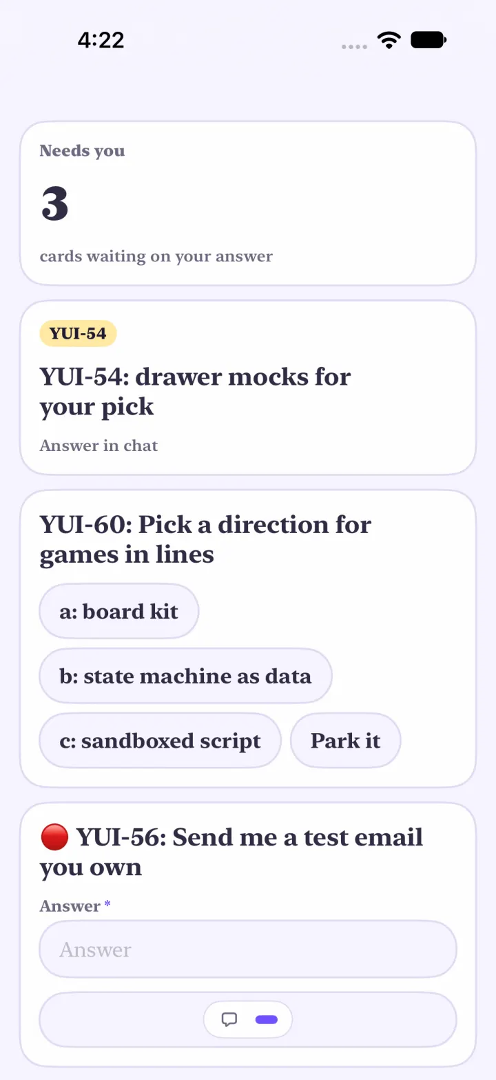 Screen 2 in Yui, light: Needs you with the number 3, a card asking to pick a direction for games with four answer buttons, and a card asking for a typed answer.