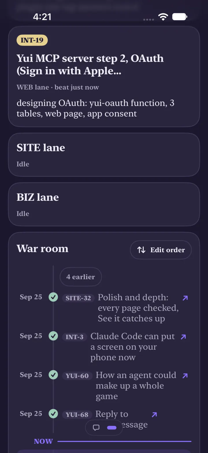 The war room in dark mode: one card per lane showing what is running and when it last checked in, idle lanes, then the top of the timeline.