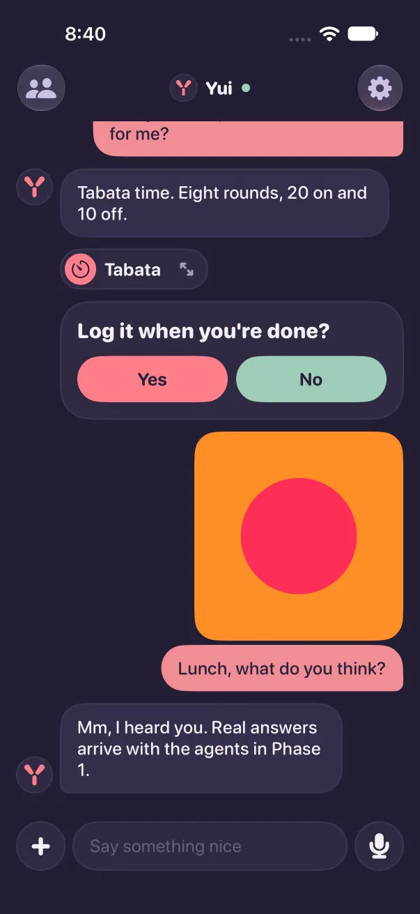 Yui chat in dark mode after sending a photo: the photo and its caption sit fully above the composer