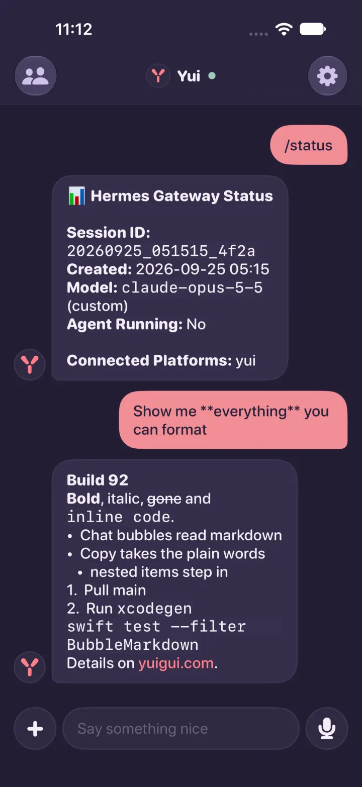 The same chat in dark mode, markdown drawn in the agent's bubbles