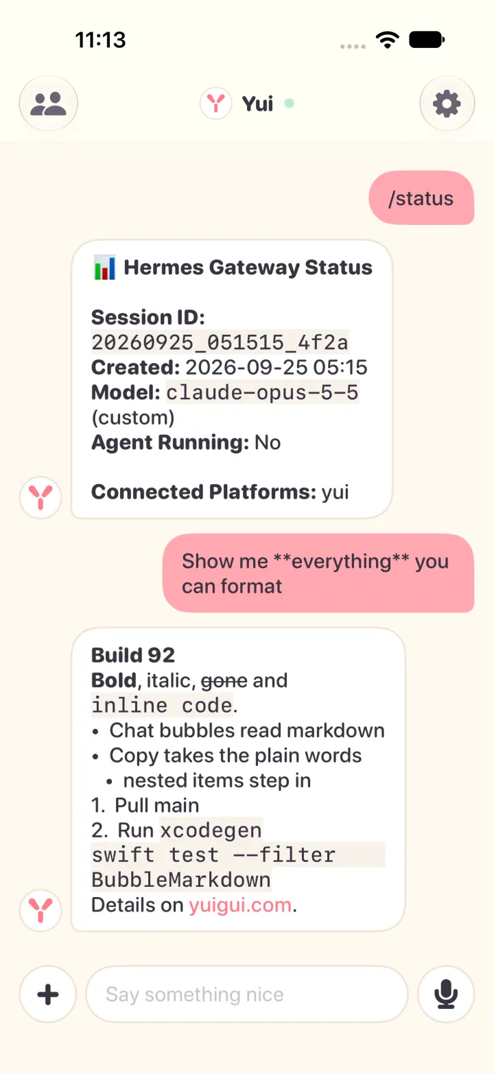 Yui chat in light mode: a /status answer with bold labels and the model name in code, then a sample with a bold heading, bullets, a numbered list, a code block and a link