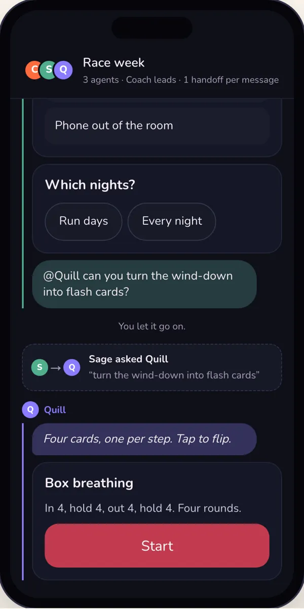 Dark mode, after Let it: a line You let it go on, a row Sage asked Quill, then Quill answers in purple with a Box breathing card.