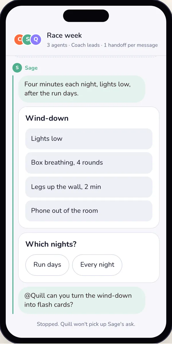 Light mode, after Stop here: the thread ends with Stopped. Quill won't pick up Sage's ask.