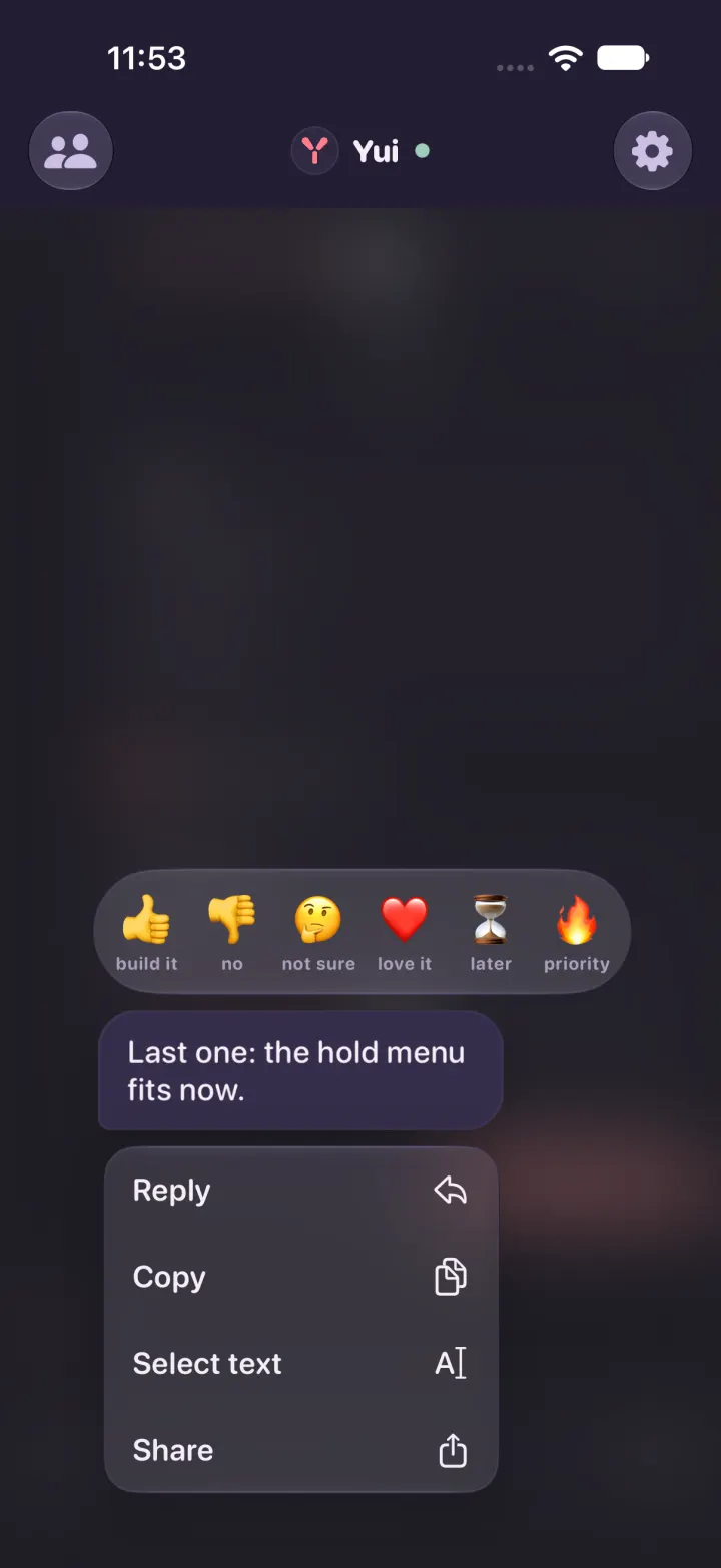 The last message in the thread held in dark mode: it lifts just enough for the menu to fit under it.