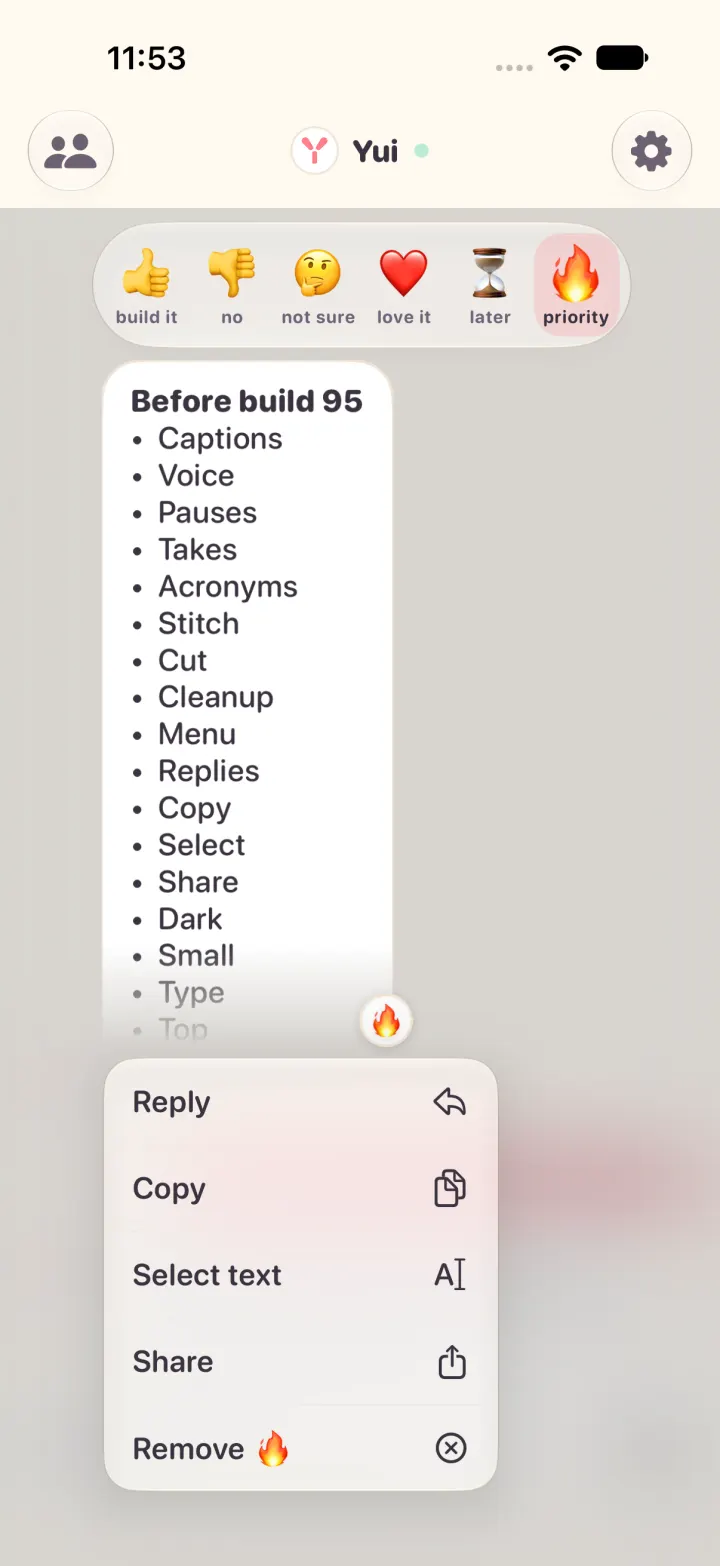 A checklist taller than the screen, held: the reaction row sits on top, the list shows its first lines and fades out, and the menu with Reply, Copy, Select text, Share and Remove sits below it.