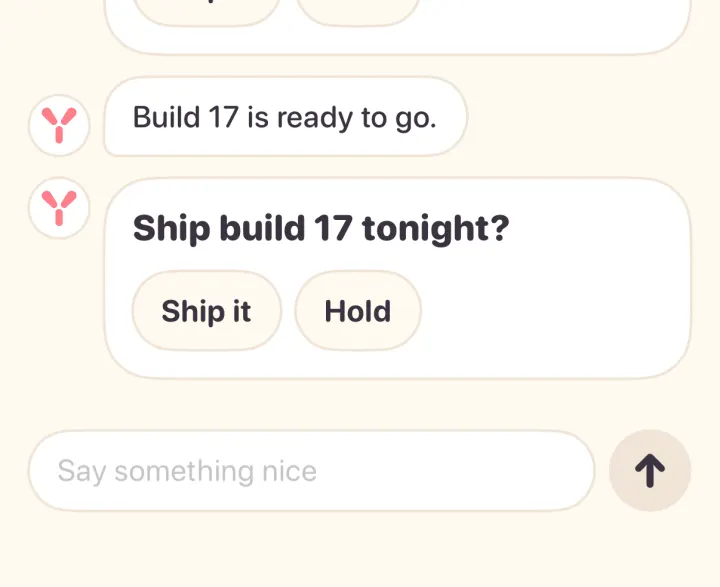 The Yui thread after tapping the notification, showing Ship build 17 tonight? with Ship it and Hold buttons