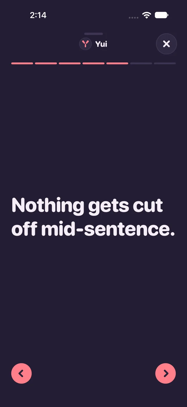 Dark mode, one idea on the whole screen in big type, a bar per page across the top.