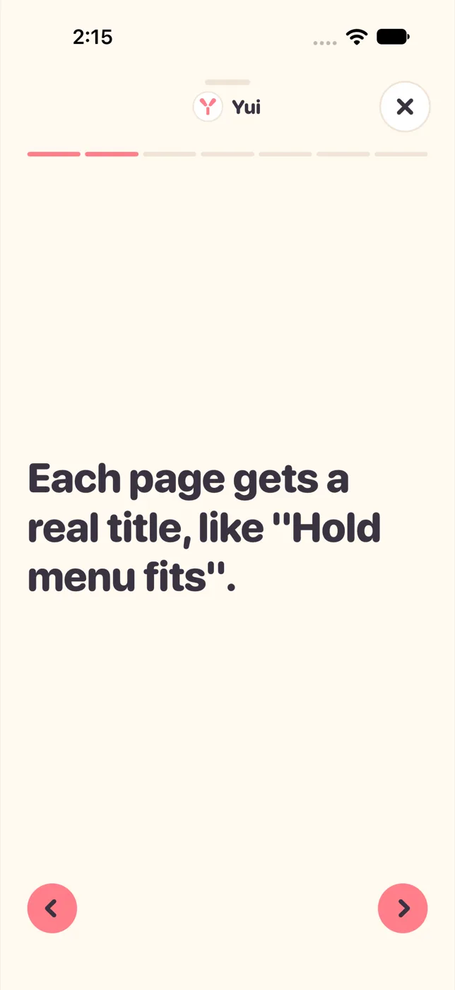 After, light: 'Each page gets a real title, like Hold menu fits.' set large on its own page