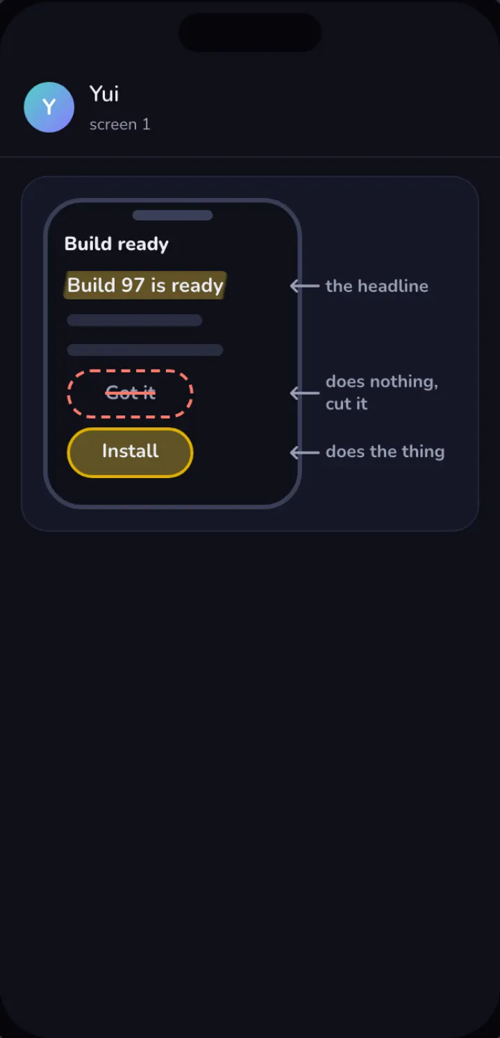 A phone drawn in dark mode: the headline highlighted, two blank filler lines, a Got it button struck out with the note 'does nothing, cut it', and an Install button highlighted