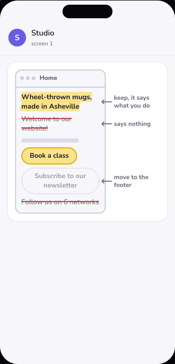 A small browser window for a pottery shop's home page: the tagline highlighted to keep, 'Welcome to our website!' struck out, the newsletter button greyed with the note 'move to the footer'