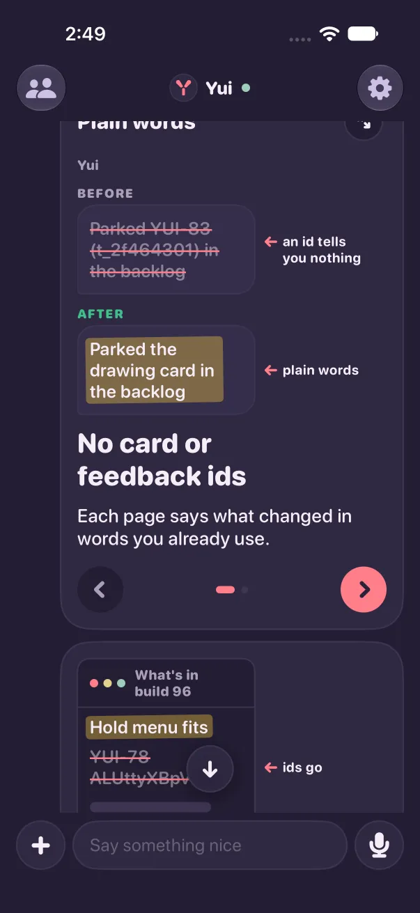 In the chat, dark: the same drawing on the deck's card, and a small window sketch on its own card below with 'Hold menu fits' highlighted and an id struck and greyed