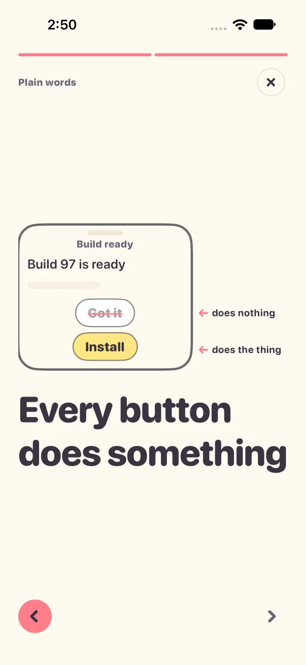 Light mode, a drawn phone with a Got it button struck out and an Install button highlighted.