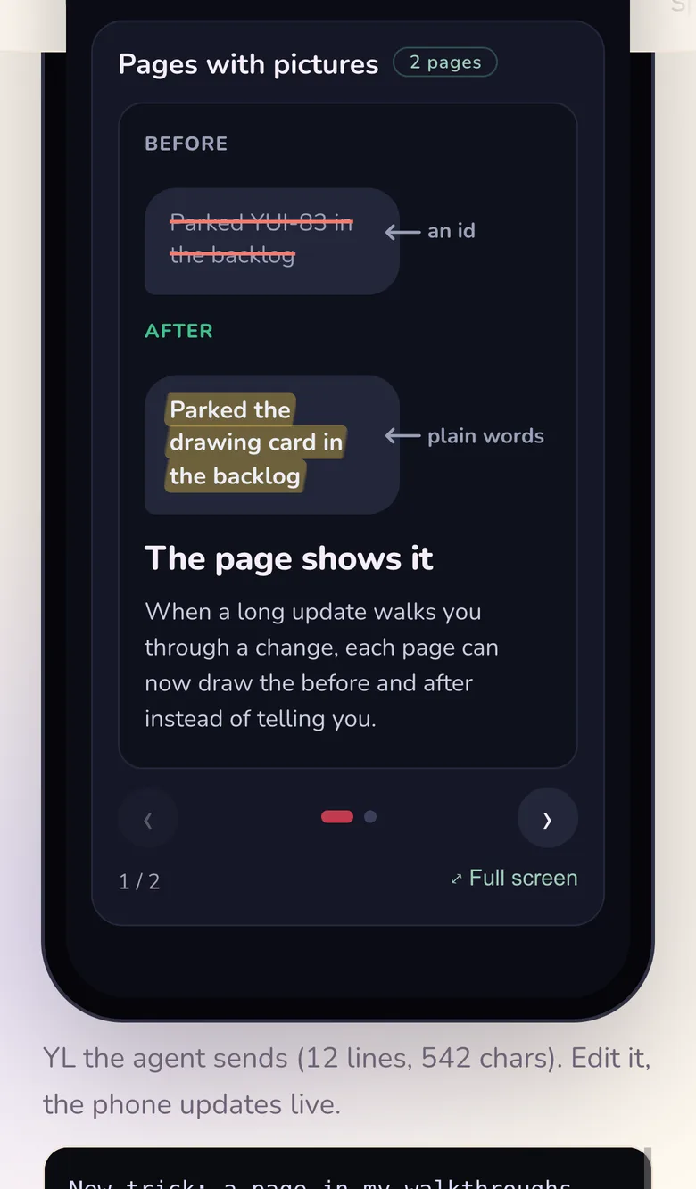 A Yui deck titled Pages with pictures: page 1 shows a drawn chat bubble, 'Parked YUI-83 in the backlog' struck out and 'Parked the drawing card in the backlog' highlighted, above the page title The page shows it