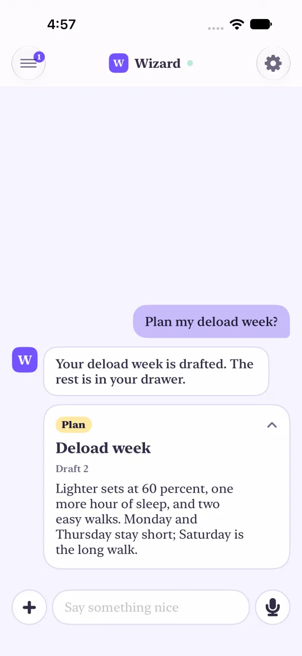 A folded card opened in place in the chat: a Plan tag, Deload week, Draft 2, and the full body about lighter sets, more sleep and two easy walks, with the chevron flipped up