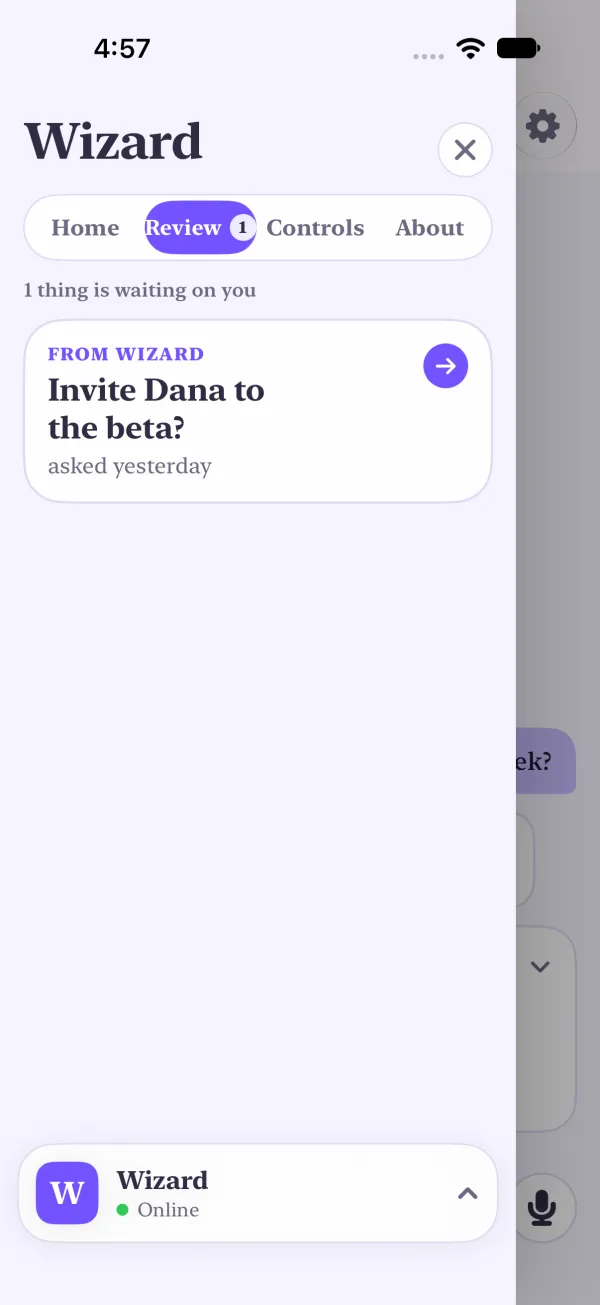 Light mode, Review in the drawer with an ask the agent put there.