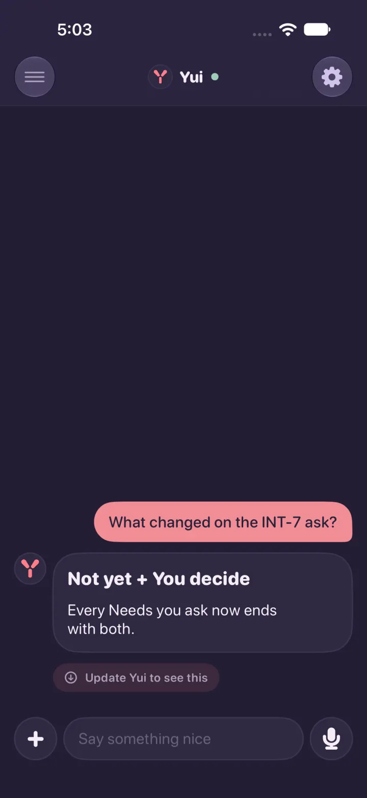 Dark mode, a reply with one small Update Yui to see this chip instead of error rows.