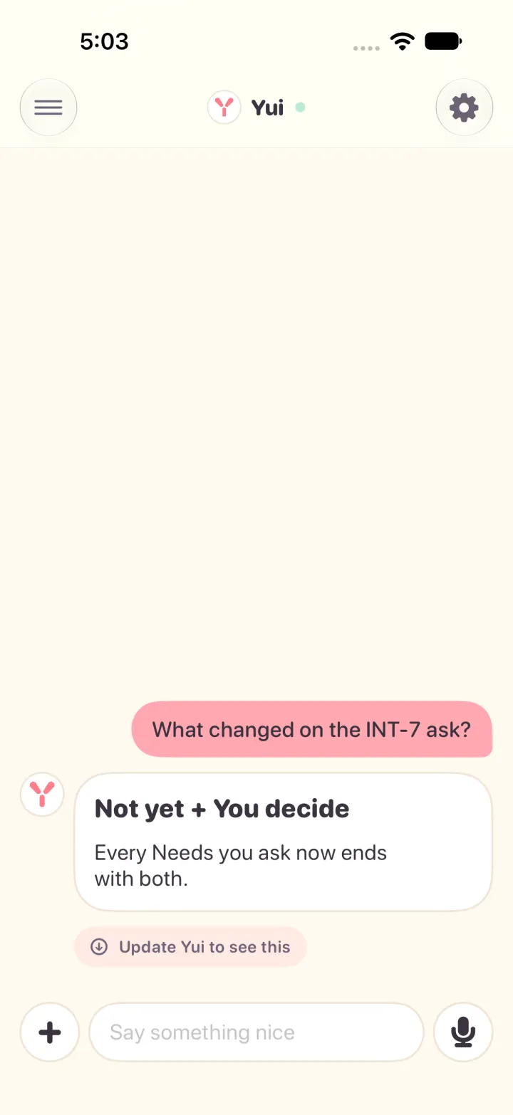 A Yui reply in light mode: a card that draws, then one small chip reading Update Yui to see this, and no raw lines