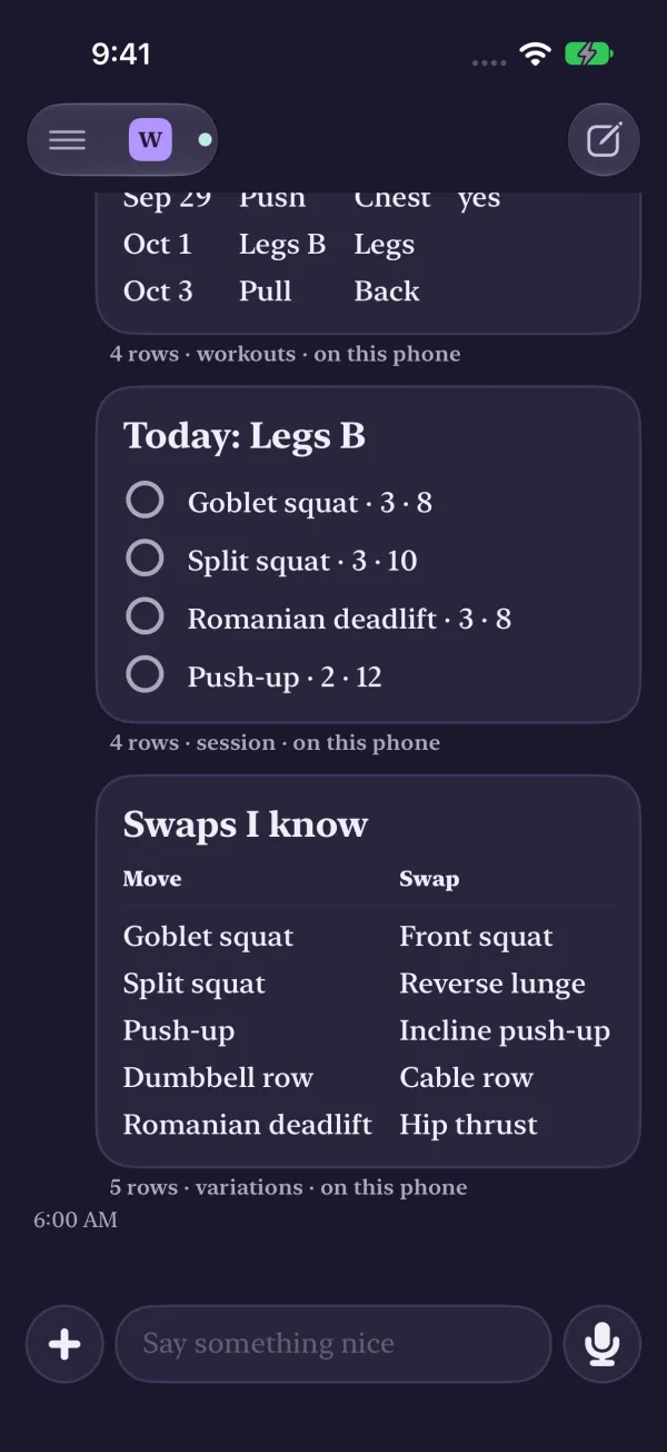 Dark mode: the same workout tables.