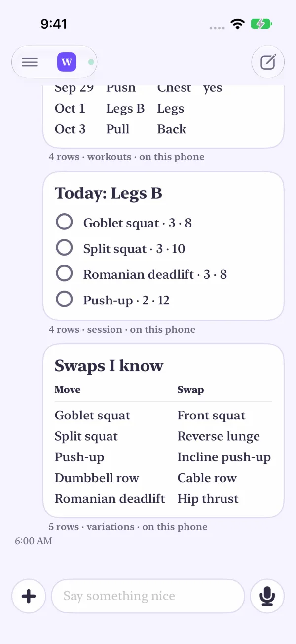 Light mode: the coach workout tables, a list of moves with swaps.
