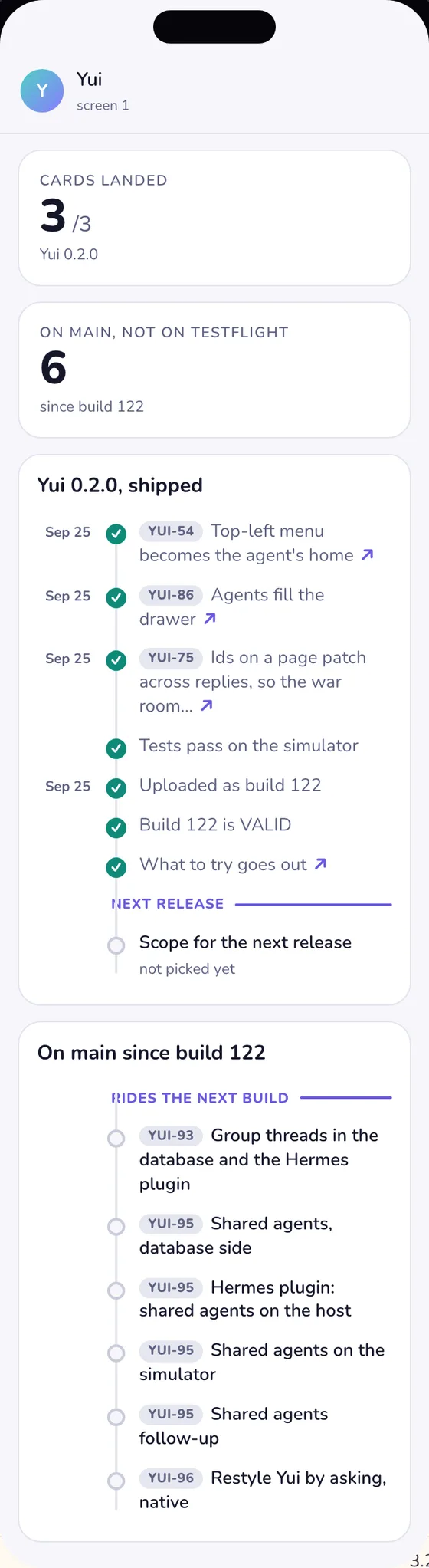 The release panel: cards landed, Yui 0.2.0 shipped with its three cards and four ship steps, then what is on main since build 122, light mode