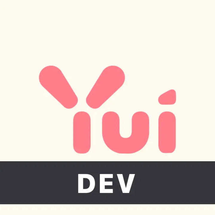 The Yui Dev icon: the pink Yui mark on cream with a dark DEV banner along the bottom.