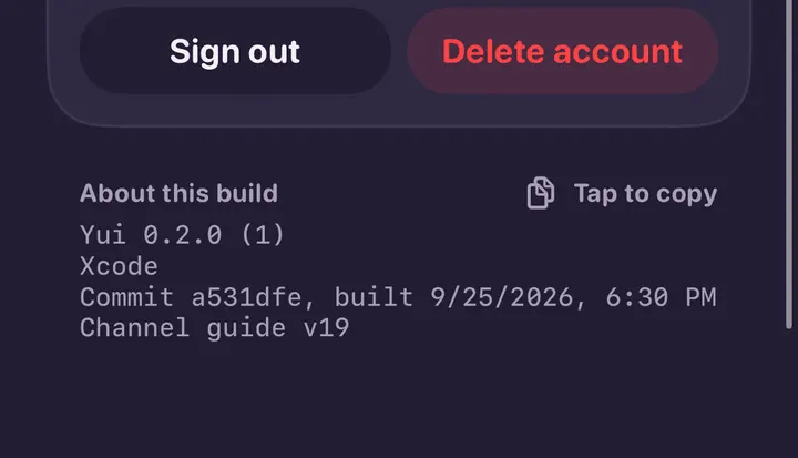 Dark mode, the same About this build block at the bottom of Settings: version, channel, commit and build date, channel guide version.