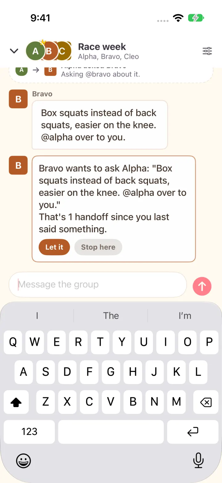 Light mode: a handoff row from Alpha to Bravo, then Bravo's guard row with Let it and Stop here.