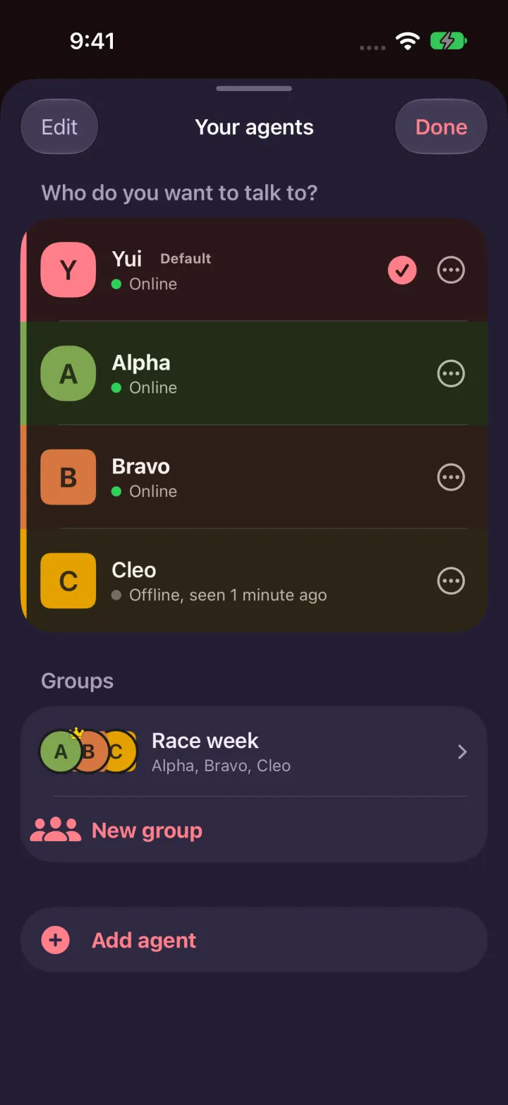 Dark mode: the agent list with the Race week group, its faces stacked, and New group under it.