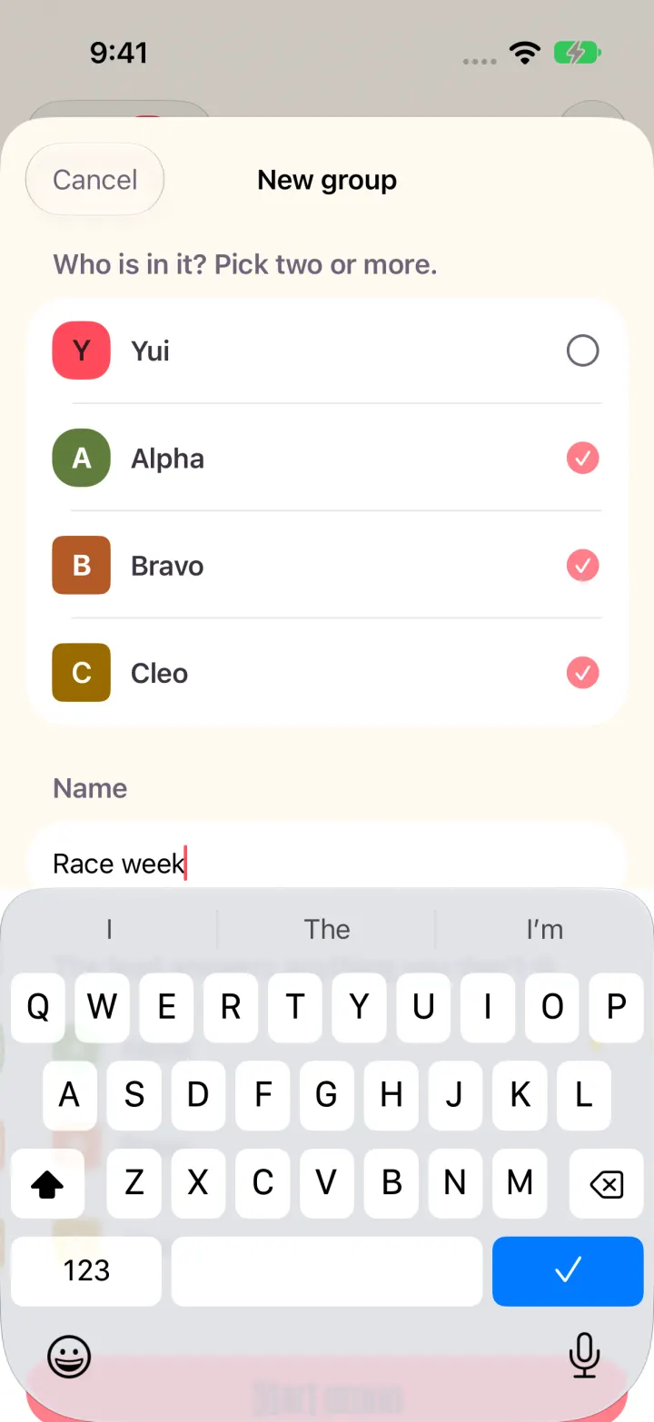 Light mode: the New group sheet with the agents to pick and the name Race week.