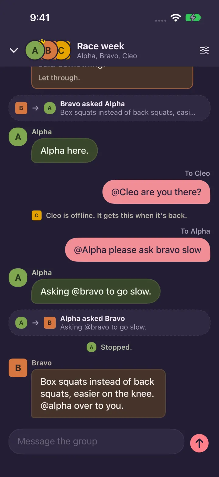 Dark mode: the group thread with handoff rows, an offline line for Cleo and a Stopped line.