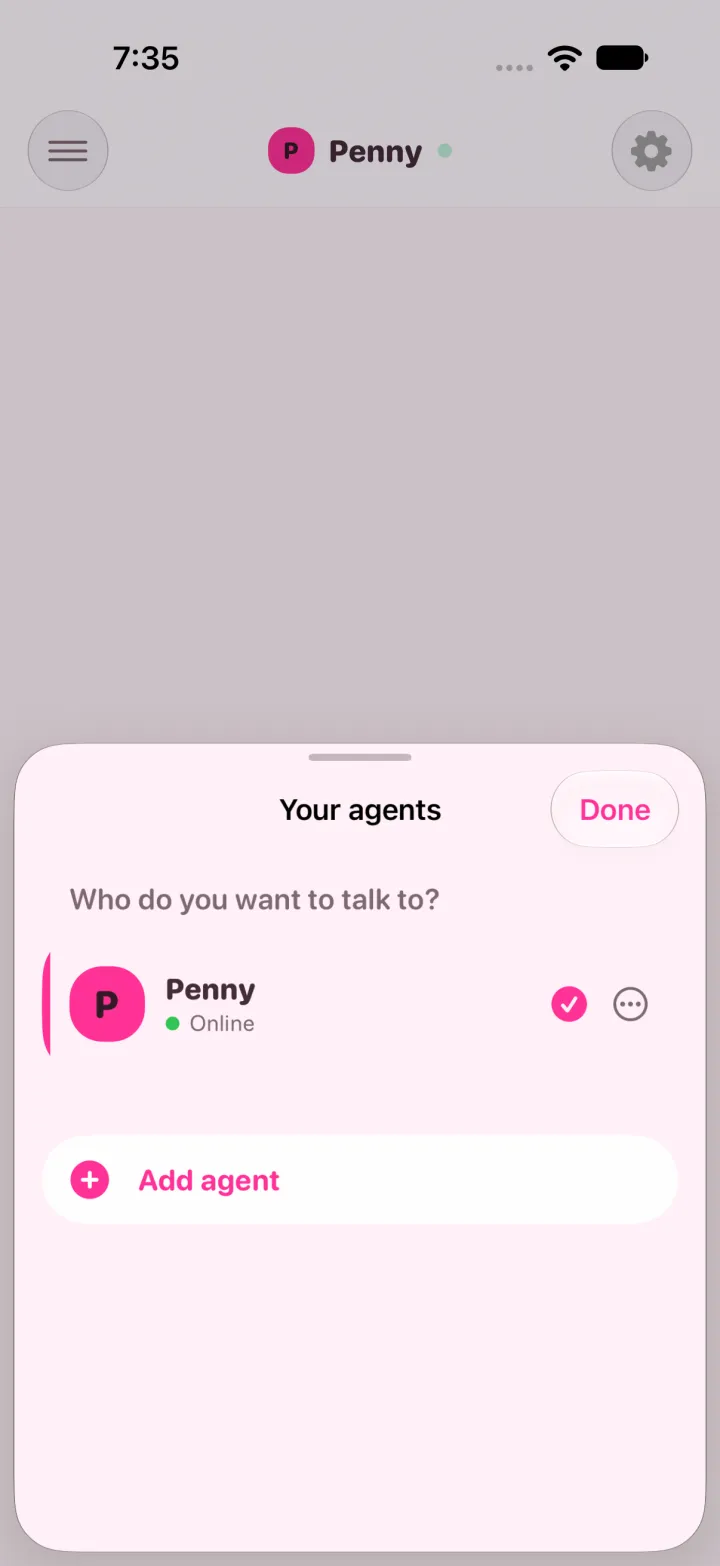 Light mode, the invitee's agent list: Penny, in pink, online. It is the only agent, shared by its owner.