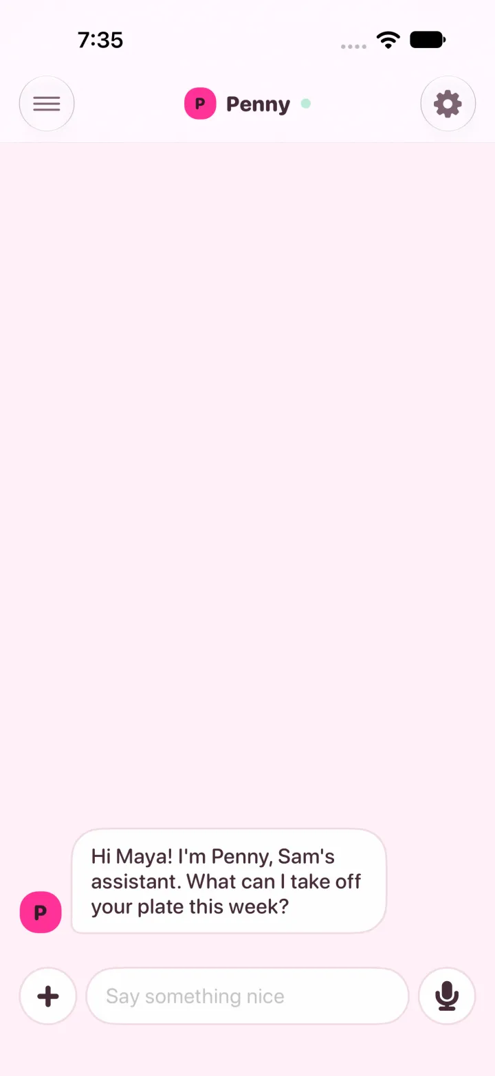 Light mode, the same thread in Penny's pink look with her first message.