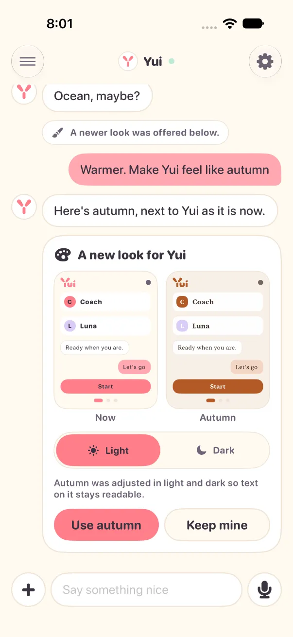 Light mode, Yui's thread: a card titled A new look for Yui, two small phones, Now in coral and Autumn in brown, a Light and Dark switch, a line saying autumn was adjusted so text stays readable, and Use autumn and Keep mine buttons. An older ocean offer above reads A newer look was offered below.