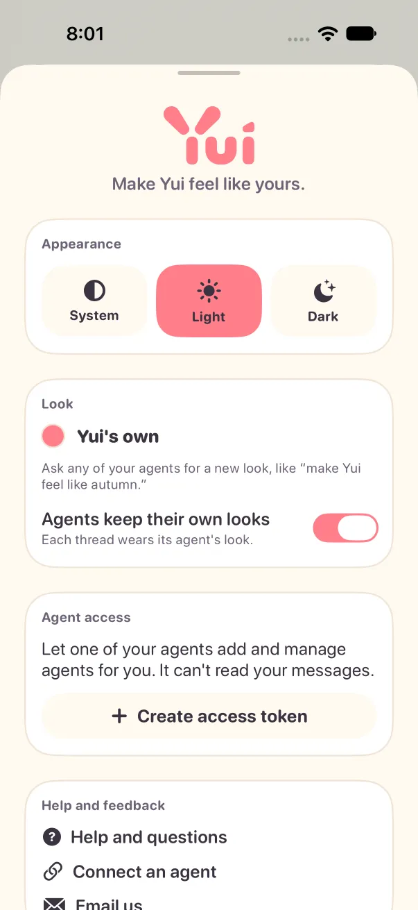 Light mode, Settings after Back to Yui's look: coral again, the Look section names Yui's own.