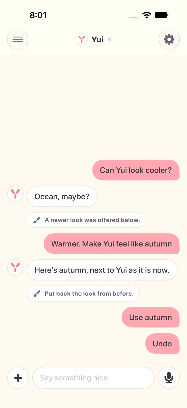 Light mode after Undo: Yui is coral again and the card reads Put back the look from before.