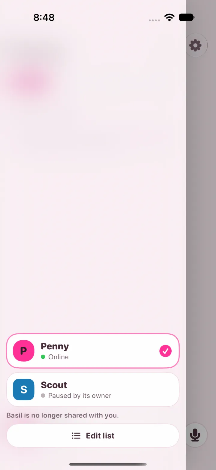 Light mode, the agent switcher after a revoke: Penny and Scout, then the line Basil is no longer shared with you. No Add an agent button.