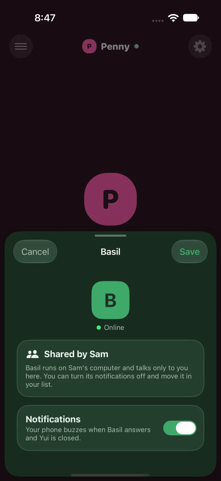 Dark mode, Basil's settings for the client: Shared by Sam, a short note on what they can change, and the notifications switch. No rename, no remove.