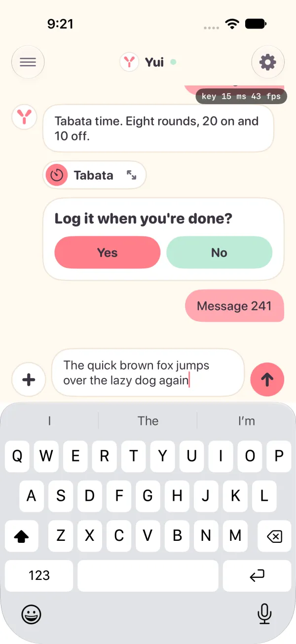 The Yui app in light mode on a long thread ending in a tabata card, with a sentence typed in the composer and the Speed readout showing the last key time