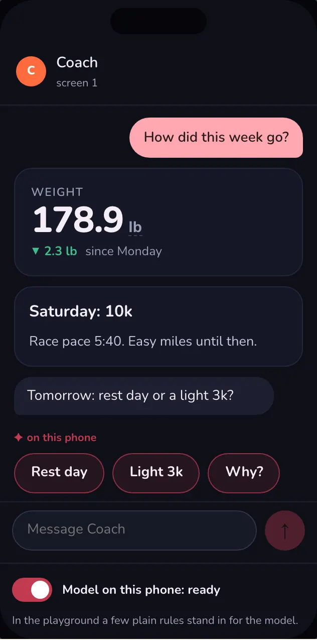 The playground mock of a chat with Coach. Under Coach's question sit three reply chips marked "on this phone": Rest day, Light 3k and Why?