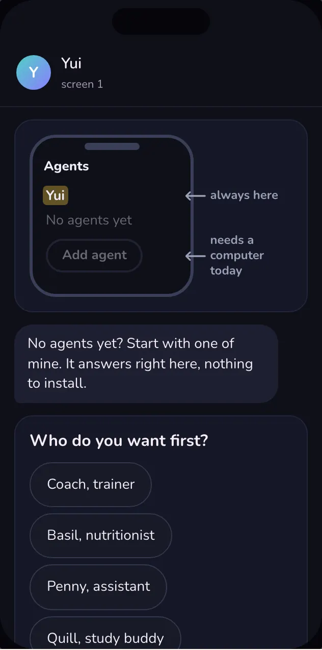 Playground mock of Yui's first launch, asking which starter agent you want.