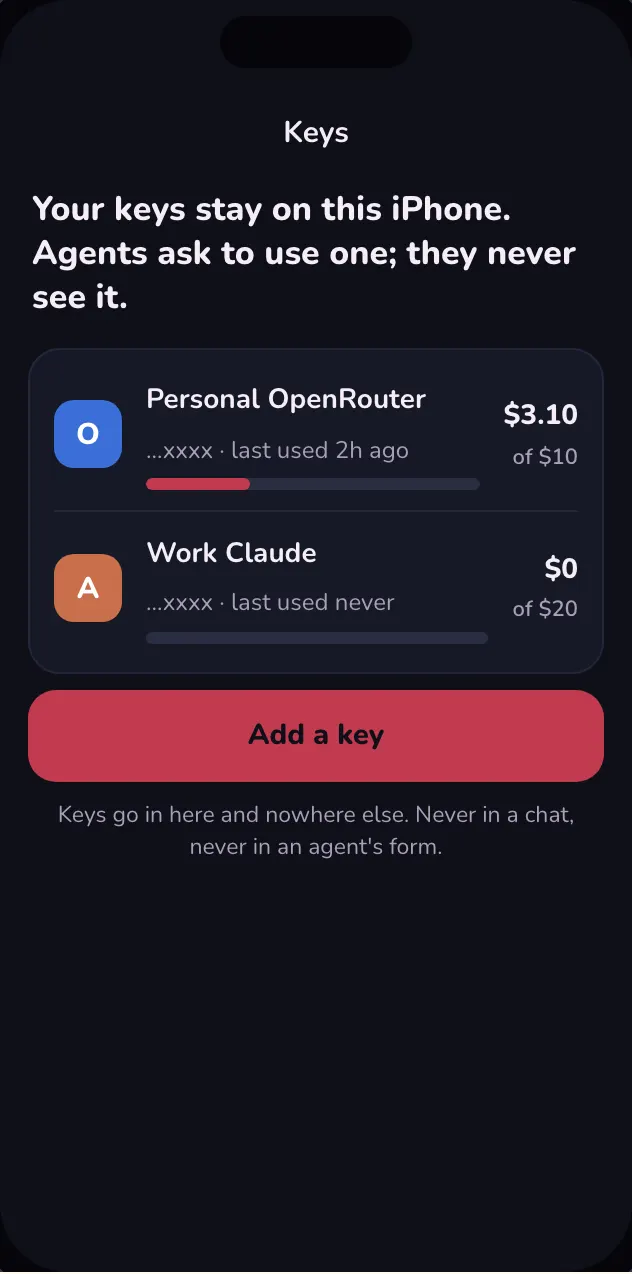 Playground mock of Settings, Keys, with two saved keys and their spend caps.