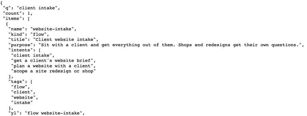 The library answering the search "client intake": one match, the website intake flow, with its purpose, the phrases it answers to and the one line that runs it.
